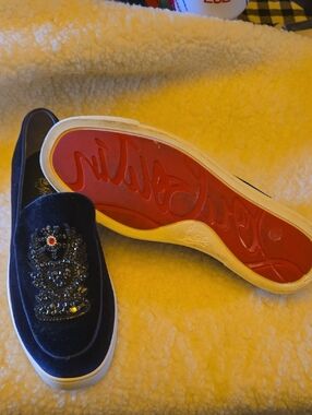 Christian Louboutin Navy Velvet Jeweled Slip-On Loafers with Red Soles